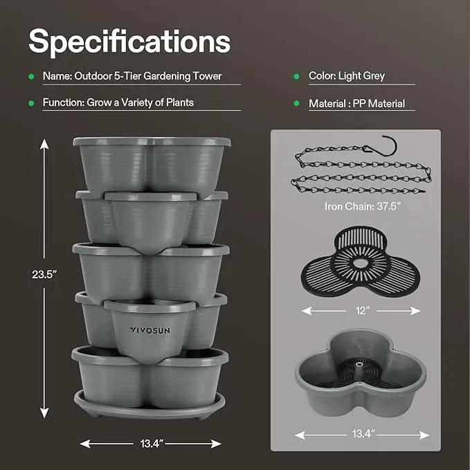 VIVOSUN 5 Tier Vertical Gardening Stackable Planter for Strawberries, Flowers, Herbs, Vegetables, Grey by GreenHaven Gardens