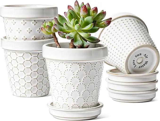 LE TAUCI Ceramic Succulent Pots, 3 Inch Mini Flower Pots for Indoor Plant Cactus, Embossed Small Plant Pot with Drainage Hole & Saucer, Home Decor - Set of 4, Arctic White by GreenHaven Gardens