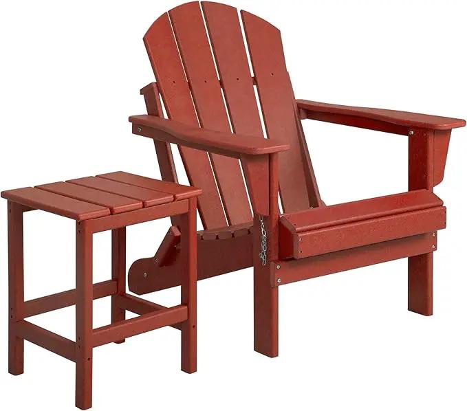 WO Home Furniture Adirondack Chair Table Set of 2 PCS Outdoor Folding Chair w Side Table Weather/UV Resistant for Lawn, Garden, Bon Fire, Balcony (Red) by GreenHaven Gardens