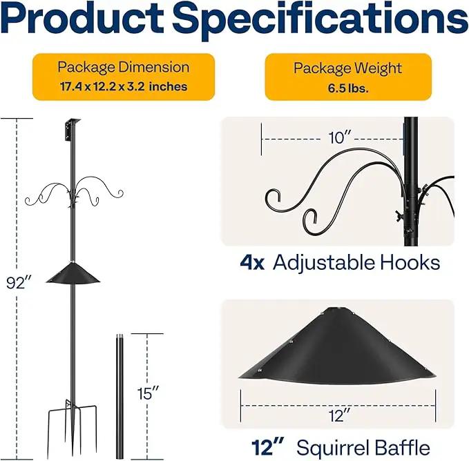 VIVOHOME 92 Inch Bird Feeder Pole with Squirrel Baffle and 4 Hooks, Outdoor Bird House Pole Mount Kit with 5 Prong, Heavy Duty Adjustable Bird Feeder Stand by GreenHaven Gardens