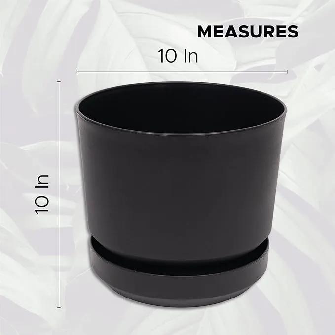 Elly Décor 10 inch Plastic Cylinder Planter Pot with Self-Watering Saucer and Drainage Hole,Lightweight & Extremely Durable, 10"x 10", Black by GreenHaven Gardens