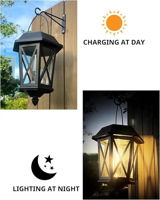 Solar Lanterns Outdoor Waterproof, Hanging Solar Lights with Glass Shade - 2 Pack LED Metal Wall Mount Outdoor Light for Yard/Garden/Patio - Black by GreenHaven Gardens