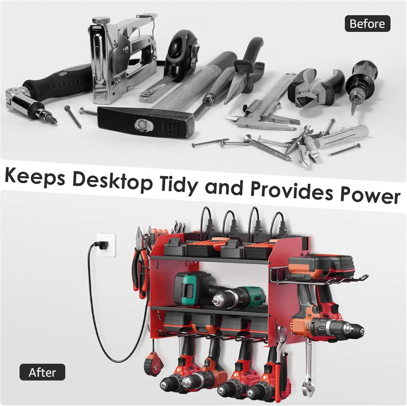 CCCEI Modular Power Tool Organizer Wall Mount Charging Station, Red 6 Drills Holder with 8 Plug Power Strip, Garage Drill Battery Heavy Duty Metal Shelf, Utility Rack with Hooks, Side Storage. by GreenHaven Gardens