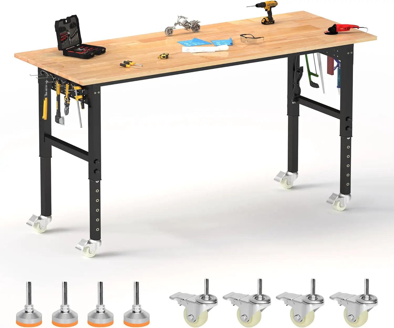 70’’ Work Bench Adjustable Workbench Heavy Duty Work Table with Power outlets, Pegboard, Wheels and Foot Pads, 2000 Lbs Capacity Hardwood Work Benches for Garage, Workshop, Office, Home by GreenHaven Gardens