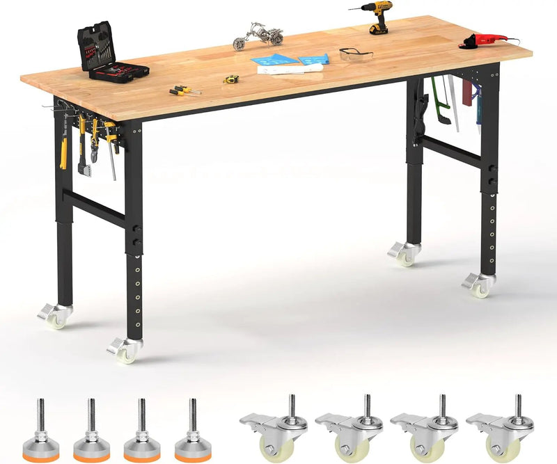 70’’ Work Bench Adjustable Workbench Heavy Duty Work Table with Power outlets, Pegboard, Wheels and Foot Pads, 2000 Lbs Capacity Hardwood Work Benches for Garage, Workshop, Office, Home by GreenHaven Gardens