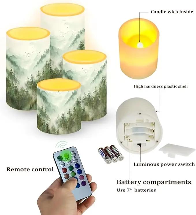 LED Flameless Candles Set Battery Operated Candles Pack of 4 with Remote Control Timer Dancing Flame Pillar Candles for Indoor Home Desktop Decoration, Mountain Tree Green by GreenHaven Gardens