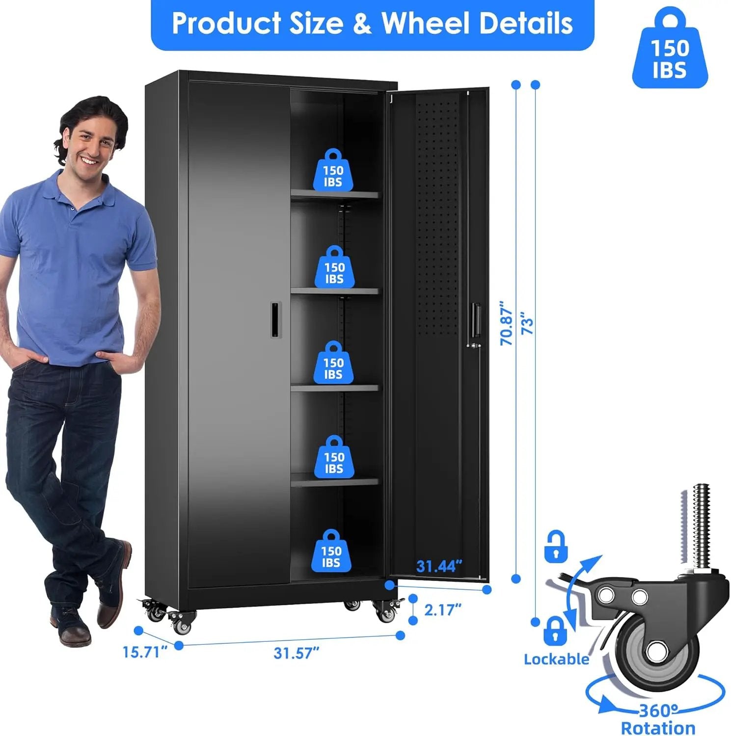 Metal Storage Cabinet with Wheels, Pegboard and 4 Hooks, 73" H Garage Storage Cabinet with 4 Adjustable Shelves and 2 Lockable Doors for Garage Home Office Warehouse, Black, Assembly Required by GreenHaven Gardens