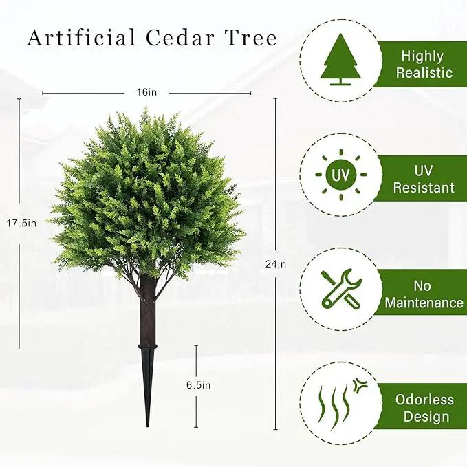 24" Artificial Cedar Topiary Ball Bushes, Set of 2 UV Resistant Fake Trees Outdoor Shrubs with Ground Spike, Weatherproof Faux Plants for Planter, Front Porch, Garden, Yard, Patio Decor by GreenHaven Gardens