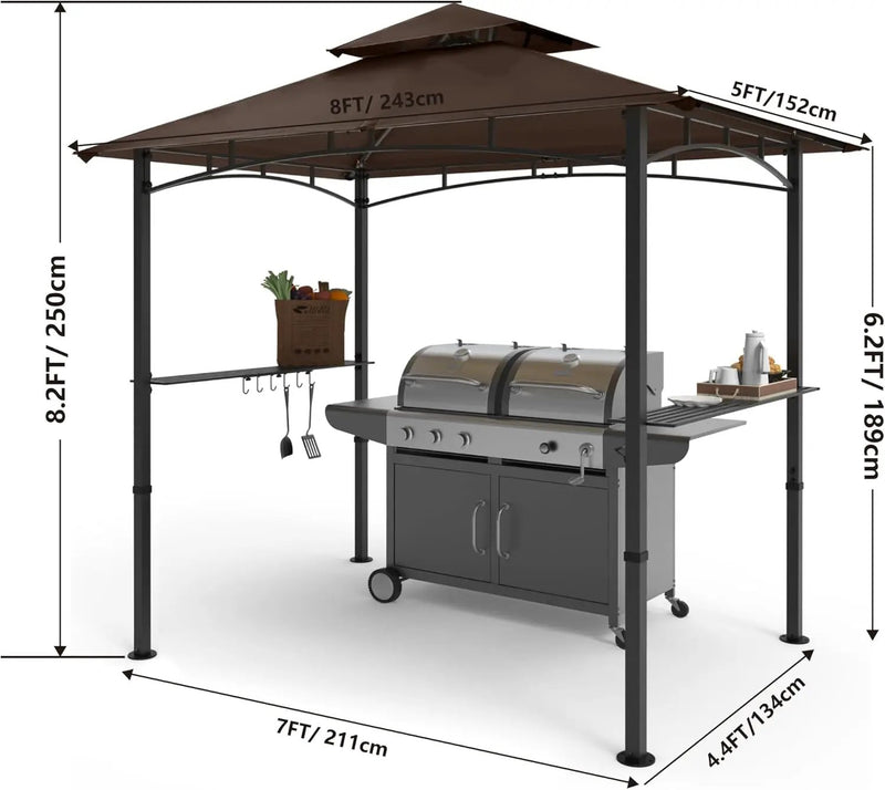 COOSHADE 8'x 5' Grill Gazebo Double Tiered Outdoor BBQ Gazebo Canopy with LED Light (Brown) by GreenHaven Gardens