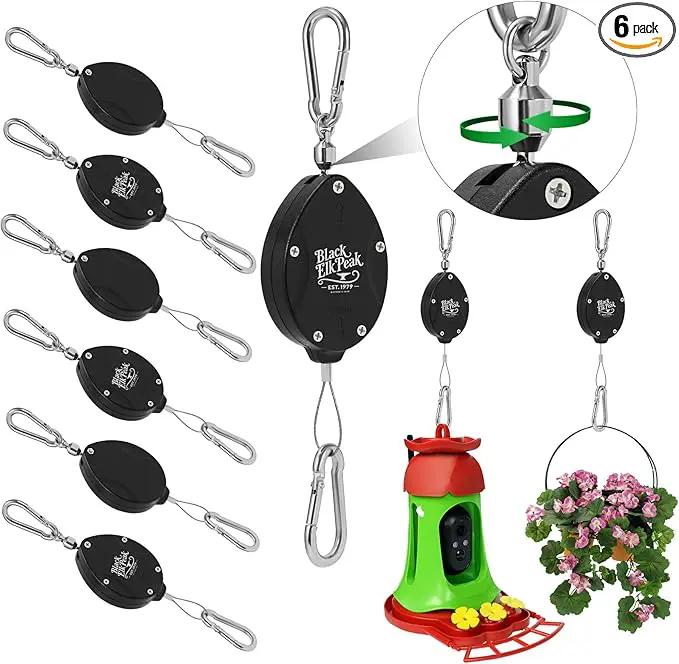 Plant Pulleys for Hanging Plants, Heavy Duty Retractable Hangers, 304 Stainless Steel Rope, Auto Plant Holder, Adjustable Climbing Hook for Garden Baskets Watering, or Bird Feeders (Black-6) by GreenHaven Gardens
