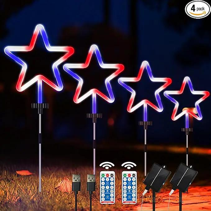 4 Pack Red White and Blue Solar Light Outdoor, 4th of July Decorations Patriotic Lights with Big LED Neon Star, Garden Stake Pathway Lights with 8 Modes for Independence Day Memorial Day Decor by GreenHaven Gardens