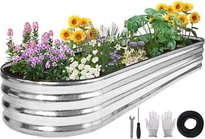 Galvanized Raised Garden Bed - 8×2×1ft Planter Raised Beds for Gardening | Oval Metal Garden Planter Box with Safety Edging and Bracing Rods for Vegetables Fruits and Flowers - Silver by GreenHaven Gardens
