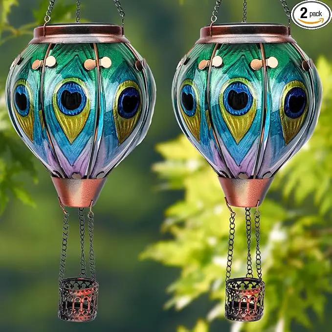 2PCS Solar Hot Air Balloon Lanterns with Flame with Shepherd's Hooks, Glass Hanging Flickering Lights Outdoor Waterproof for Garden Tree Yard Patio Mother's Day Gift, 18" H Peacock Green by GreenHaven Gardens