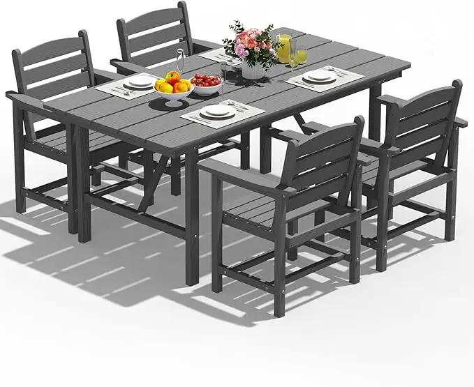 Patio Dining Set for 4 with Umbrella Hole - 66" Outdoor Table & 4 Chairs, All-Weather HDPE Outdoor Furniture for Lawn, Garden, Backyard, Poolside, Gray by GreenHaven Gardens