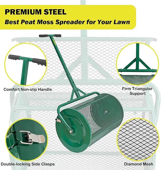 Compost Spreader, 24" Peat Moss Spreader, Roller Lawn Spreader with 3 Heights T Shaped Handle, Side Latches Powder Coated Steel Mesh Basket, Lawn & Garden Spreader for Spreading Manure Topsoil, Green by GreenHaven Gardens