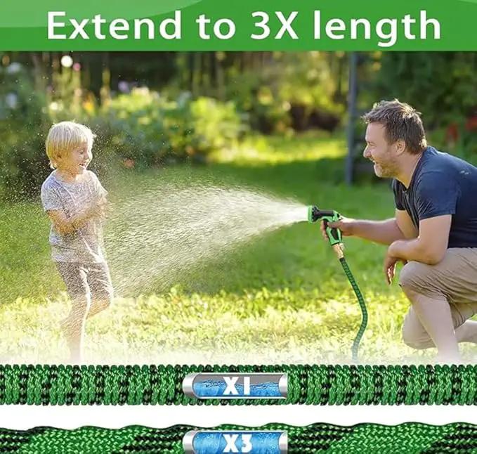 J&B XpandaHose 100ft Expandable Garden Hose with Holder - Heavy Duty Superior Strength 3750D - 4 -Layer Latex Core - Extra Strong Brass Connectors and 10 Spray Nozzle w/Storage Bag (Green 100) by GreenHaven Gardens