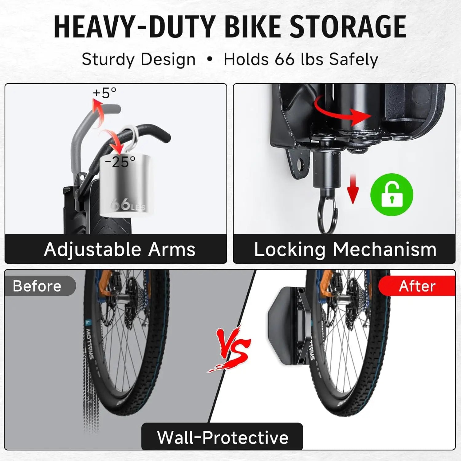 Bike Rack Garage,Bike Wall Mount, 150° Swivel & Space-Saving Vertical Bike Hangers for Storage, Sturdy Bike Stand Holds Up to 66lbs, Easy to Install, 1 Pack by GreenHaven Gardens