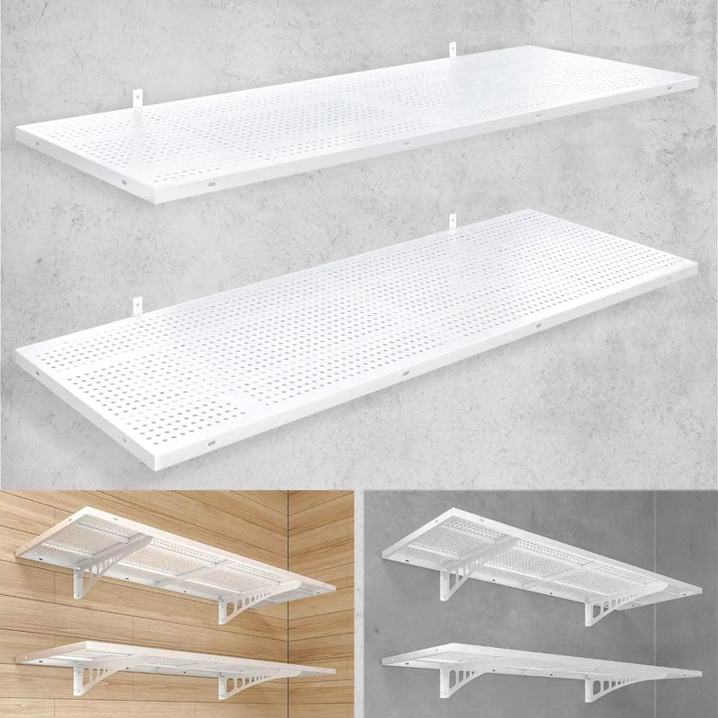2-Pack 1.5x4ft Heavy Duty Garage Wall Shelving, 500 lbs Load Capacity, Garage Shelving Wall Mounted, Storage Rack with Hooks, White by GreenHaven Gardens