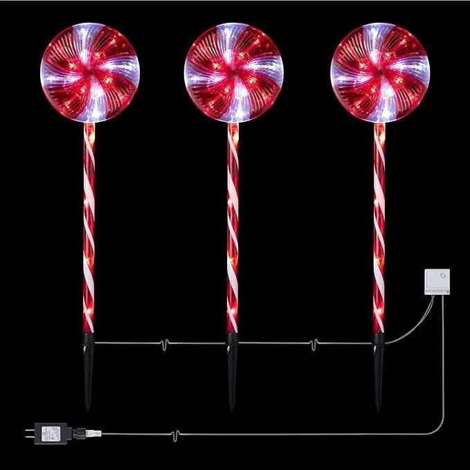 Alpine Corporation 28" H Outdoor Candy Cane Yard Stakes with Red and White LED Lights (Set of 3), Christmas Decoration by GreenHaven Gardens