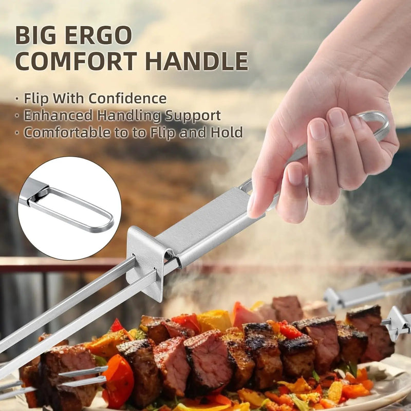 Skewers for Grilling, 17inch （6PCS）Double Fork Flat Stainless Steel Kabob Skewers with Slider, Reusable Metal BBQ Skewer for Meat, Vegetable, BBQ Accessories by GreenHaven Gardens