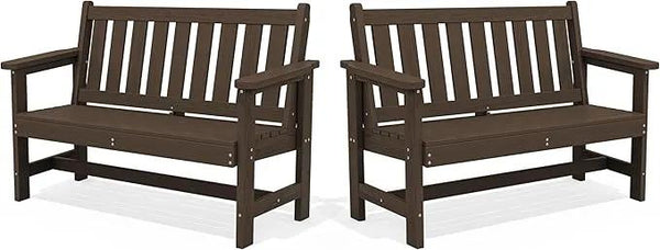 SERWALL Outdoor Bench, HDPE Outdoor Benches Weatherproof, 2-Person Garden Bench with 660 lbs Weight Capacity, Patio Benches for Outdoors, Garden, Porch, Backyard and Park, Coffee, 2 Pack