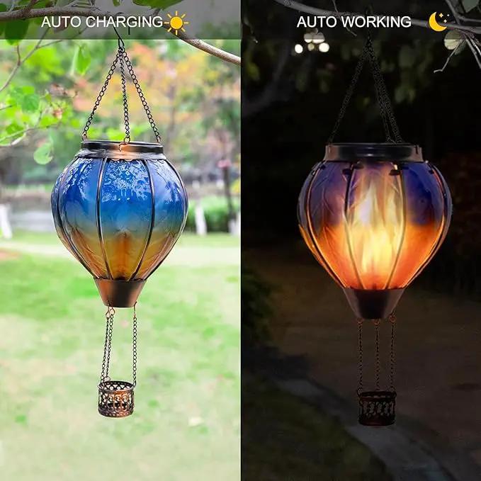 pearlstar Hot Air Balloon Solar Lantern with Flickering Flame Light, Outdoor Solar Hanging Lights Waterproof for Garden Yard Patio Farmhouse Decoration,Stained Glass Blue by GreenHaven Gardens