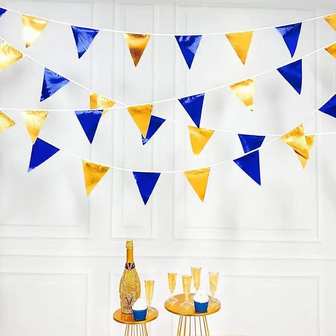 Royal Blue Gold Party Decoration Navy Blue Gold Triangle Pennant Banner Flag Metallic Fabric Bunting Garland for Graduation Birthday Wedding Retirement Bridal Shower Nautical Ahoy Achor Party Supplies by GreenHaven Gardens