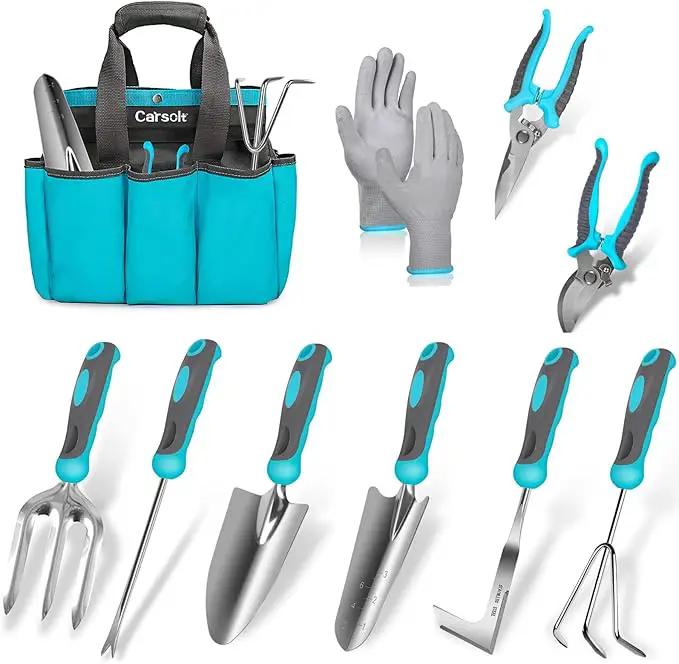 Gardening Tools, Carsolt 10 Piece Heavy Duty Stainless Steel Garden Tools Set with Ergonomic Rubber Handle. Variety of Gardening Hand Tools for Planting Gardening Kit with Gift Box Ideal Garden Gifts by GreenHaven Gardens