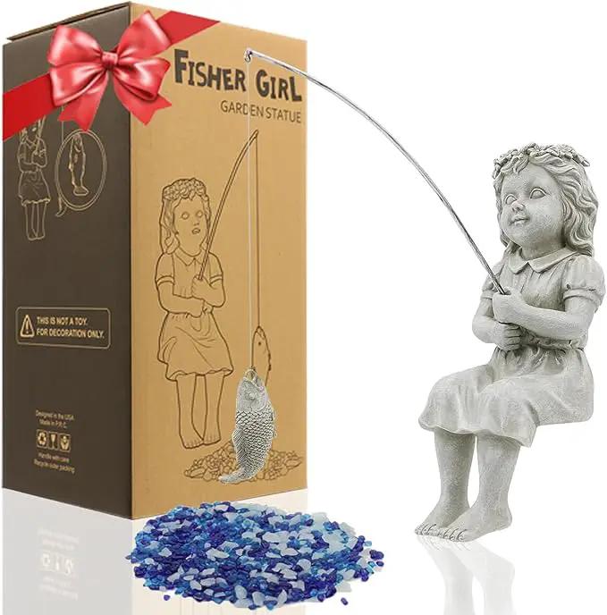 Goodeco Fishergirl Statue Garden Decor - 11" Little Fishing Guy for Koi Pond or Waterfalls, Poolside Statue with Glow in Dark Pebbles Included, Great Gifts for Mom, Women or Birthdays, Gift Ideas by GreenHaven Gardens