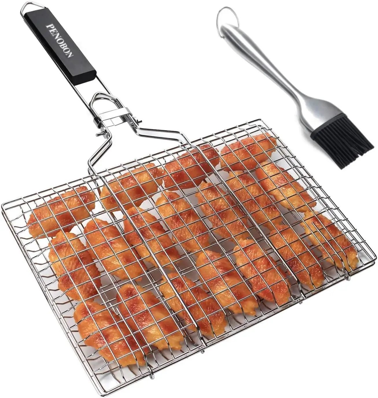 Fish Grilling Basket, Folding Portable Stainless Steel BBQ Grill Basket for Fish Vegetables Shrimp with Removable Handle, Come with Basting Brush and Storage Bag by GreenHaven Gardens