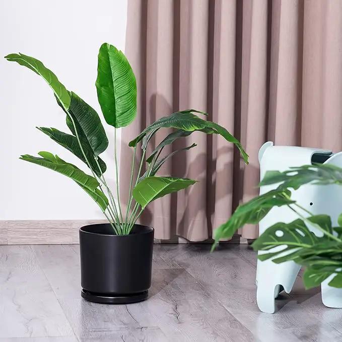 Ekirlin 7 inch Plant Pots,Ceramic Flower Planters Indoor,Modern Succulents Containers with Drain Hole Saucer,Decorate Home,Office & Outdoor (Black) by GreenHaven Gardens