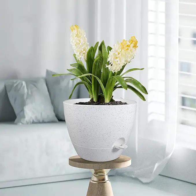 12 inch Large Self Watering Pots for Indoor Outdoor Plants, Plant Pots with Mesh Drainage Holes for Garden House Plants, Plastic Planters with Reservoir for Flower, Speckled White by GreenHaven Gardens