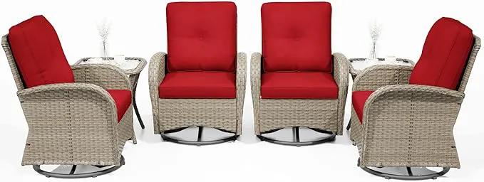 Joyside Outdoor Swivel Rocker Chairs, 6 Piece Wicker Patio Set with Thick Cushion and Side Table, Rattan Patio Swivel Rocking Chairs for Porch, Deck Use (Natural/Red, 6 PCS) by GreenHaven Gardens