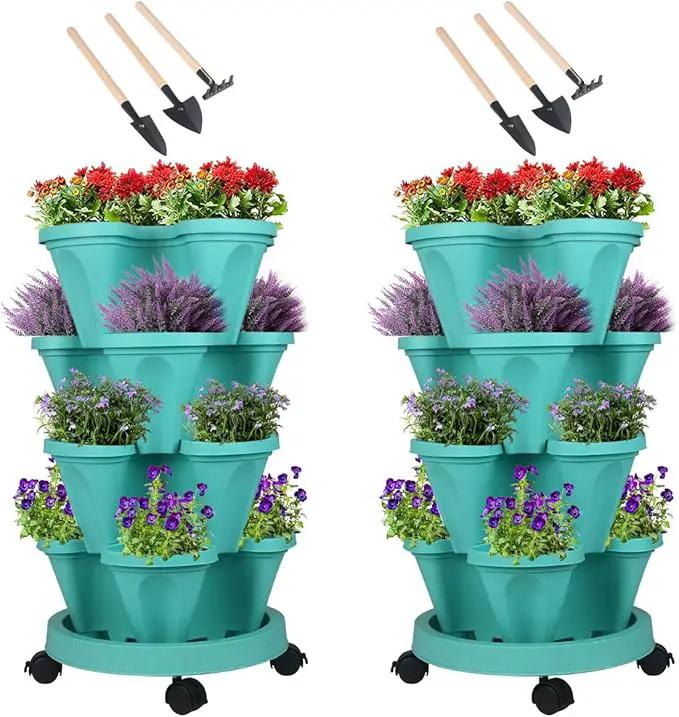 Vertical Planter 4 Tier Stackable Planters Garden Planters Strawberry Herb Flower and Vegetable Planter Indoor Outdoor Gardening Pots with Removable Wheels and Tools by GreenHaven Gardens