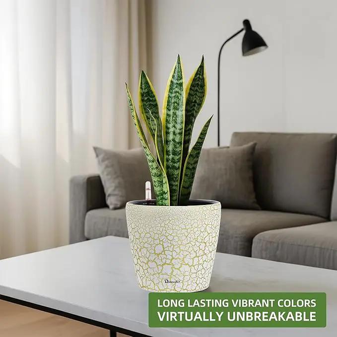 Dexceder 9x8 Inches Self Watering Planter Indoor Outdoor, Inner Pot Design, Thickened Table Flower Plant Pot with Water Level Indicator (White Gold Crackle) by GreenHaven Gardens
