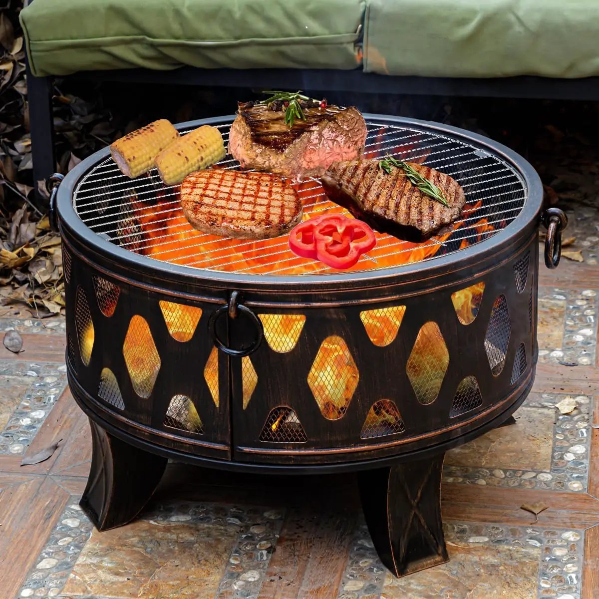 Breezz 26 Inch Wood Burning Fire Pit with Cooking Grill and Spark Screen, Outdoor Metal Round Firepit for Patio, Backyard, Bonfire Party, Camping and Garden by GreenHaven Gardens