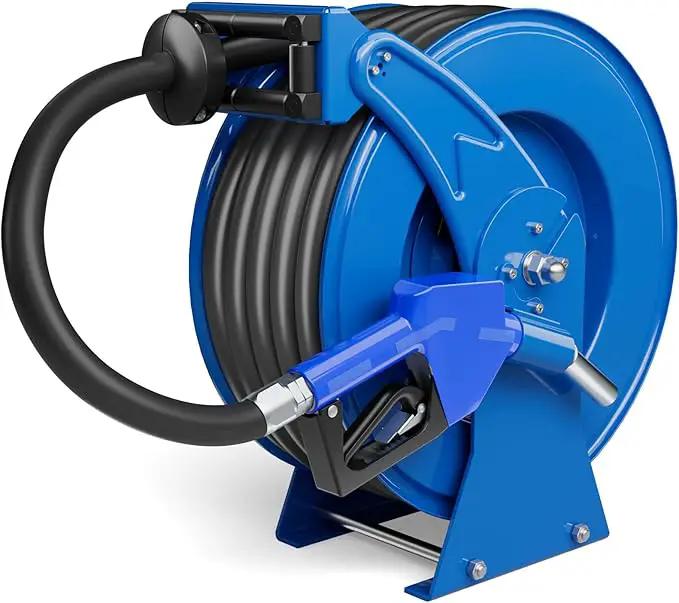 Fuel Hose Reel Retractable with Fueling Nozzle, 3/4" x 50" Heavy Duty Steel, 300PSI Industrial Auto Swivel, Spring Driven Diesel Hose Reel for Construction Farm Ship Vehicle Tank, Blue by GreenHaven Gardens