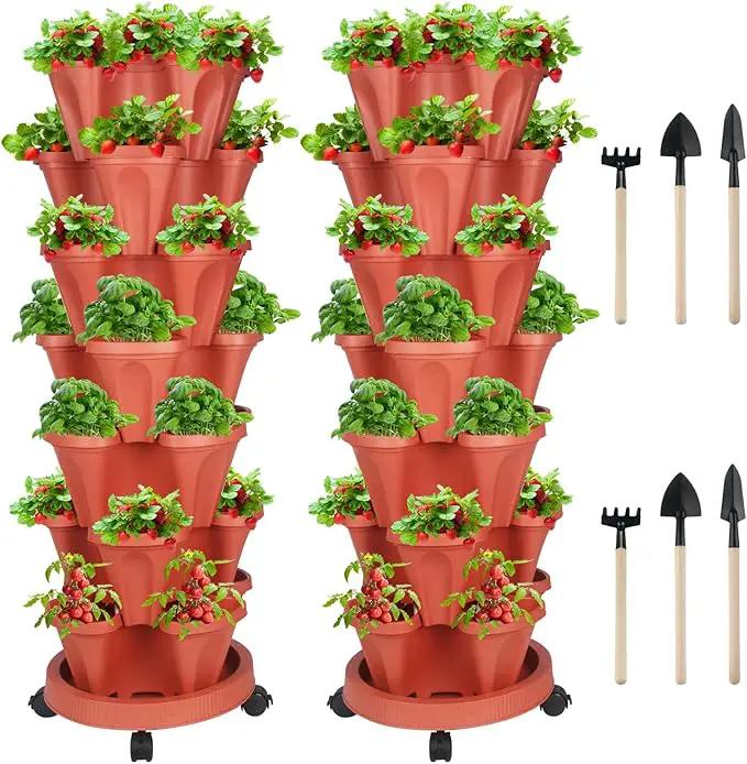 Vertical Planter 7 Tier Stackable Planters Garden Planters Strawberry Herb Flower and Vegetable Planter Indoor Outdoor Gardening Pots with Removable Wheels and Tools 2-Pack by GreenHaven Gardens