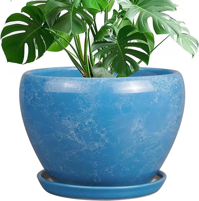 10 Inch Planter Pot - Ceramic Pots for Plants with Drainage Hole and Saucer, Round Large Flower Pot for Indoor Plants, Blue by GreenHaven Gardens