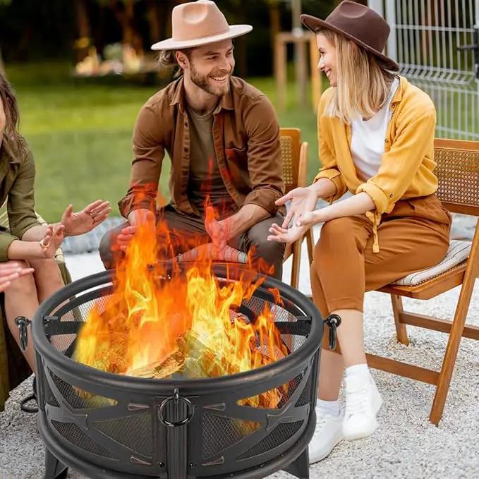 Breezz 26 Inch Wood Burning Fire Pit with Cooking Grill and Spark Screen, Outdoor Metal Round Firepit for Patio, Backyard, Bonfire Party, Camping by GreenHaven Gardens