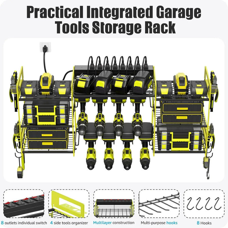 CCCEI Green Power Tool Organizer Wall Mount, Large Tools and Battery Storage Rack Charging Station Individual Switches. Drills Holder, Garage Utility Shelves with 6FT Power Strip. Gift for Men. by GreenHaven Gardens