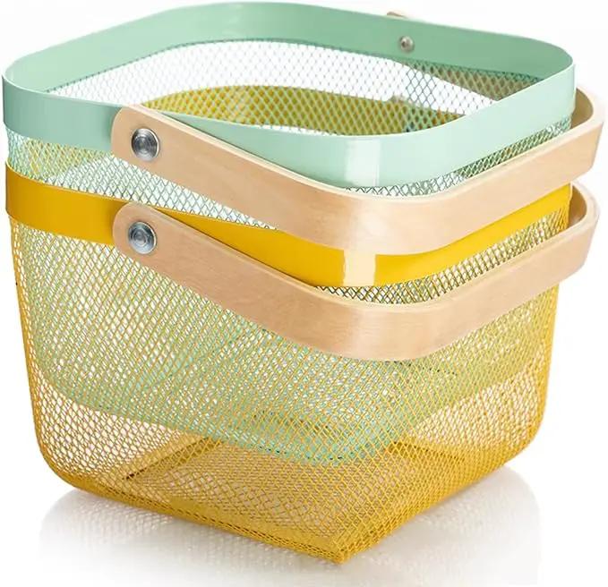 Metal Mesh Steel Basket, Storage Organizer Basket Multi-functional Hanging Kitchen Baskets Fruit Basket with Wooden Handle for Kitchen Bathroom Picnic Shopping Decor Cabinet Home, Macaron Blue by GreenHaven Gardens