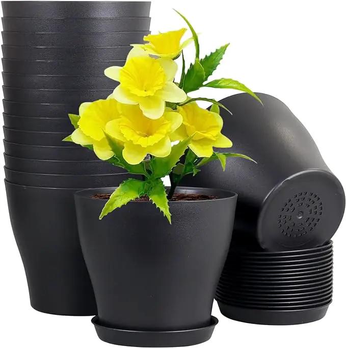 6 inch Plastic Nursery Pots, Seedling Pots, 16 Pack Plant Pots for Small Indoor Outdoor Plants, Flower Pots with Drainage Holes and Saucers, Decorative Planters for House Plants, Black by GreenHaven Gardens