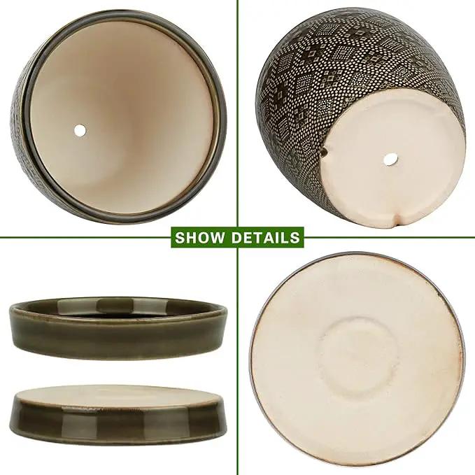 Docrin Ceramic Plant Pots Indoor: 6.6 + 5.5 Inch Planters with Drainage Holes and Saucer for Home/Office - Set of 2 /Dark Green by GreenHaven Gardens