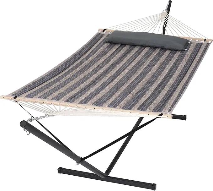 SUNCREAT Hammock with Stand 2 Person Heavy Duty, Freestanding Hammock with Spreader Bar, Soft Pillow, Gray Stripes by GreenHaven Gardens