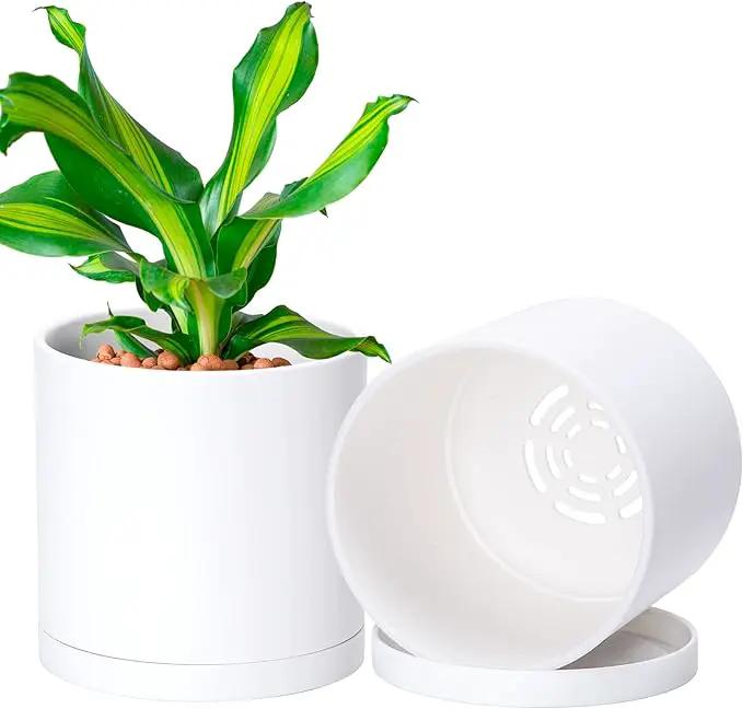 D'vine Dev 2 Pack 5.5 Inch Modern Plastic Plant Pots, Small Garden Planters for Plant with Drainage Holes and Saucers, White Color, 74-Z-H-1 by GreenHaven Gardens