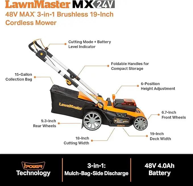 LawnMaster CLMF4819A 48V MAX* 19-inch Brushless Cordless Mower with 2X24V MAX* 4.0Ah Battery and a Dual Charger by GreenHaven Gardens
