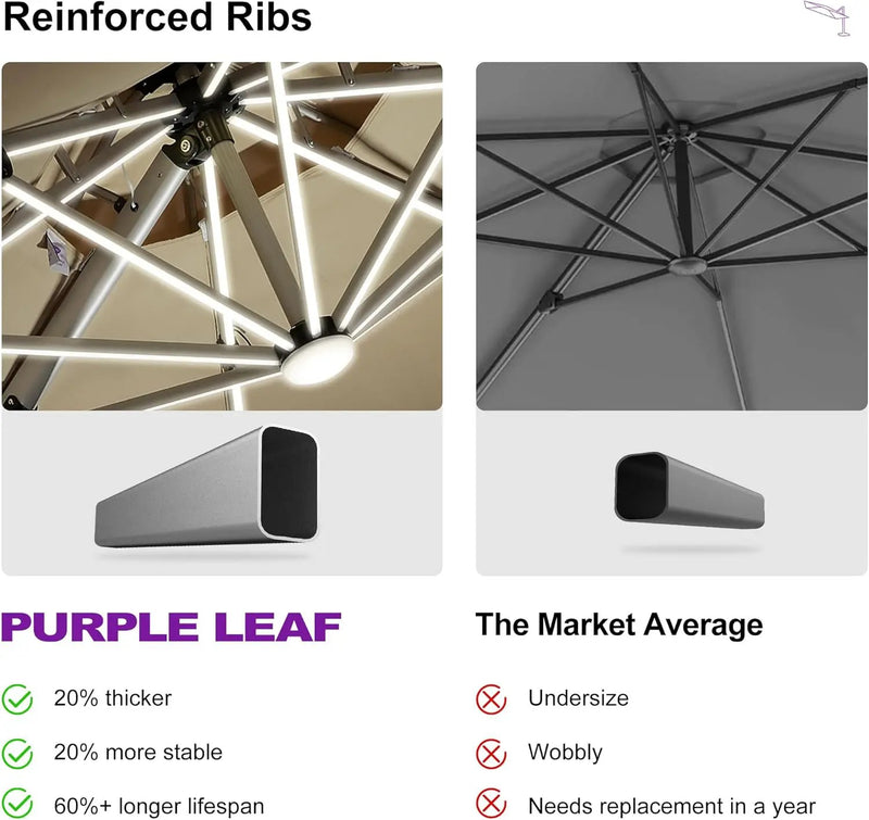 PURPLE LEAF 11ft Solar powered LED Patio Umbrella Outdoor Round Umbrellas Large Cantilever Umbrella with LED lights Windproof Offset Umbrellas Heavy Duty for Garden Deck Pool Patio, Beige by GreenHaven Gardens