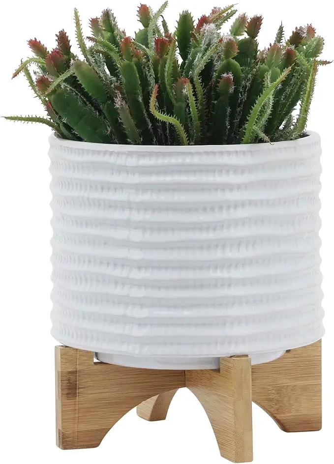 8" Ceramic Planter Stand, White with Wooden Base, Indoor/Outdoor Planter with Stand for Your Succulents and Small Plants, White Planter by GreenHaven Gardens