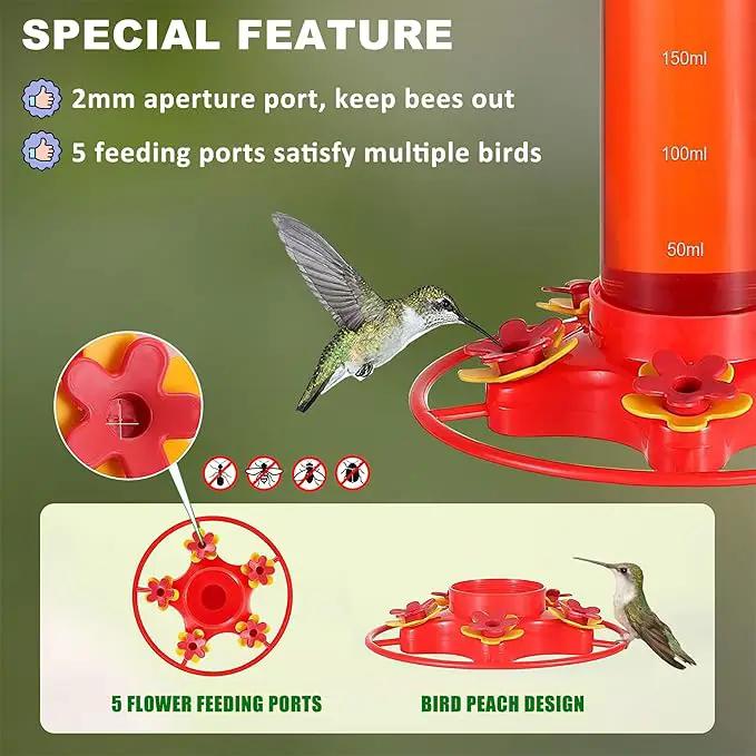Hummingbird Feeders for Outdoors Hanging (2 Pack) 5 Feeding Ports 320 ml Plastic Hummingbird Feeder, Bee-Proof Leak-Proof No Drip, Easy to Clean with Cleaning Brush by GreenHaven Gardens
